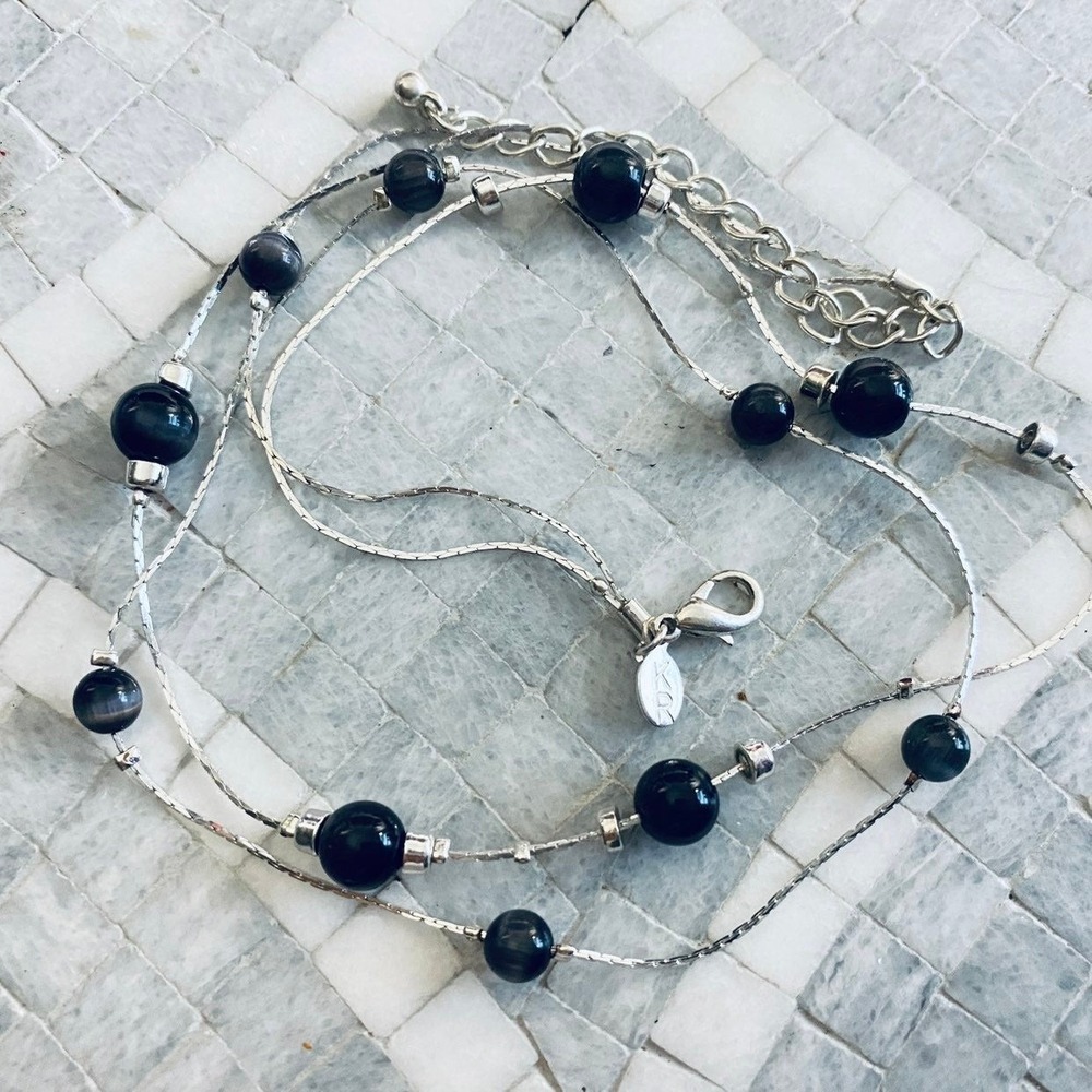 Black bead silver plated double strand‎ stationary necklace KR
